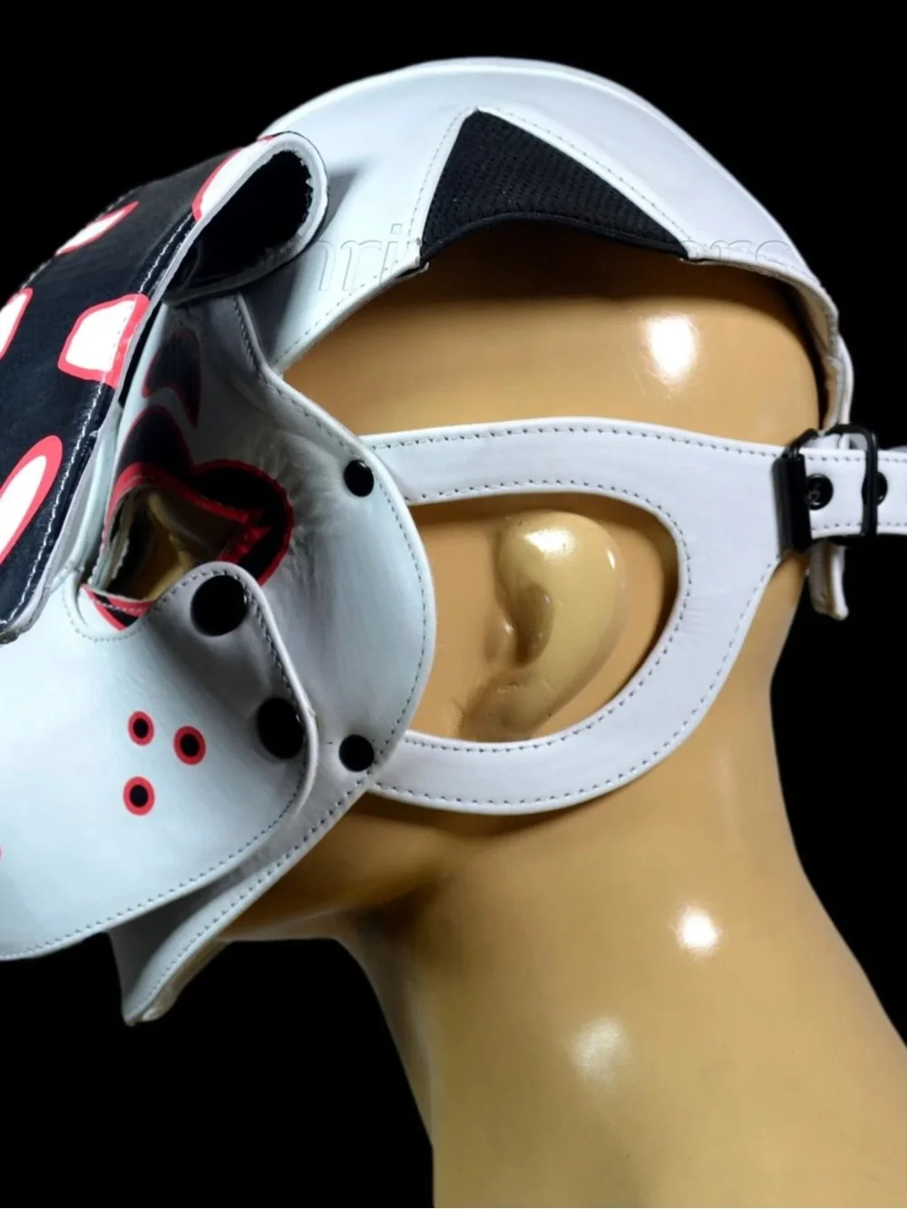 Puppy Leather Mask White with Black and Red Hearts